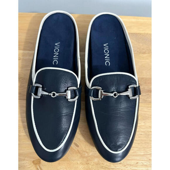 Vionic Shoes - Vionic Adeline Leather Mule Horsebit Slip On Navy Blue, White Trim Size 8